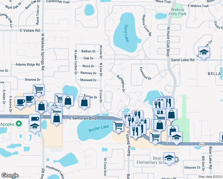 map of restaurants, bars, coffee shops, grocery stores, and more near 457 Jordan Stuart Circle in Apopka