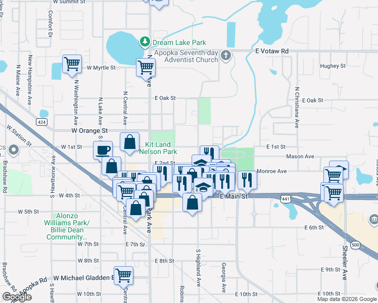 map of restaurants, bars, coffee shops, grocery stores, and more near 15 South Highland Avenue in Apopka