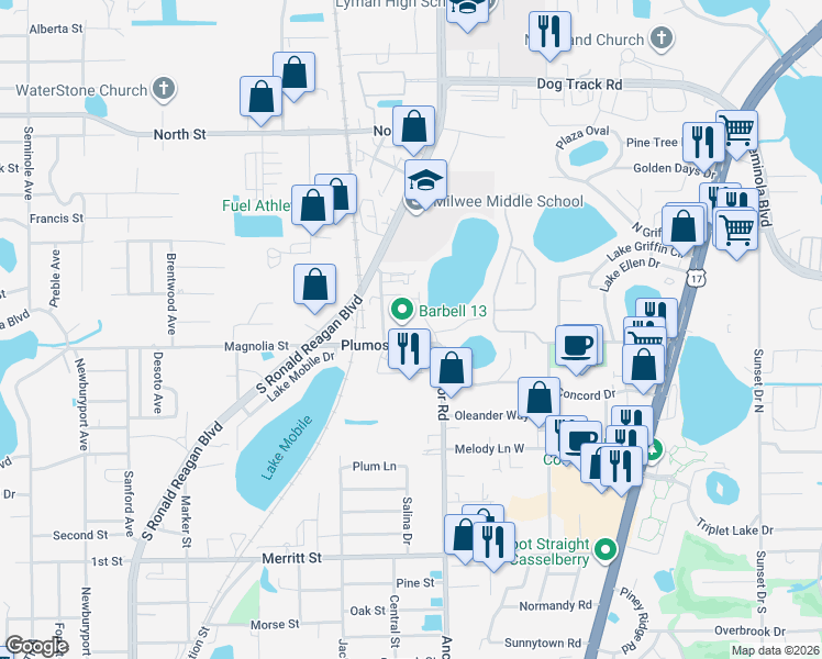 map of restaurants, bars, coffee shops, grocery stores, and more near 457 Anchor Road in Casselberry