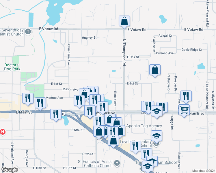 map of restaurants, bars, coffee shops, grocery stores, and more near 1029 East 1st Street in Apopka