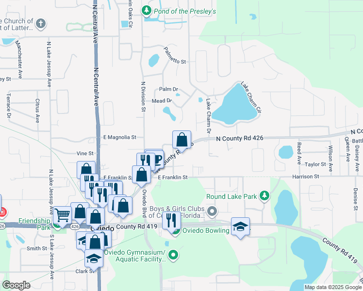 map of restaurants, bars, coffee shops, grocery stores, and more near 425 Geneva Drive in Oviedo