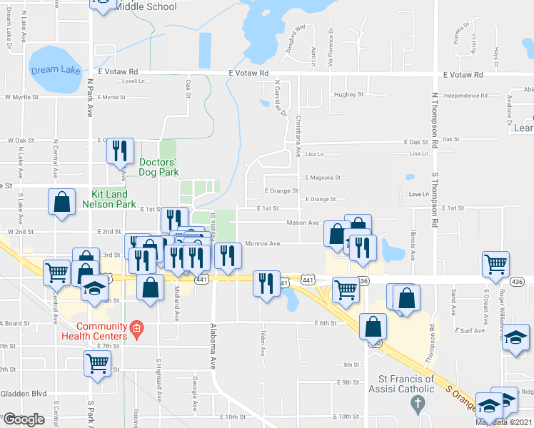 map of restaurants, bars, coffee shops, grocery stores, and more near 600 East 1st Street in Apopka