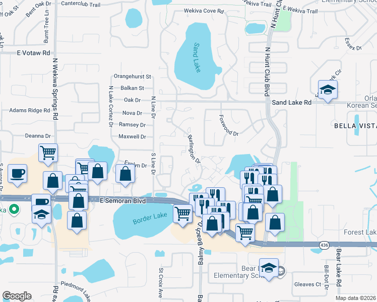 map of restaurants, bars, coffee shops, grocery stores, and more near 209 Kittery Lane in Apopka
