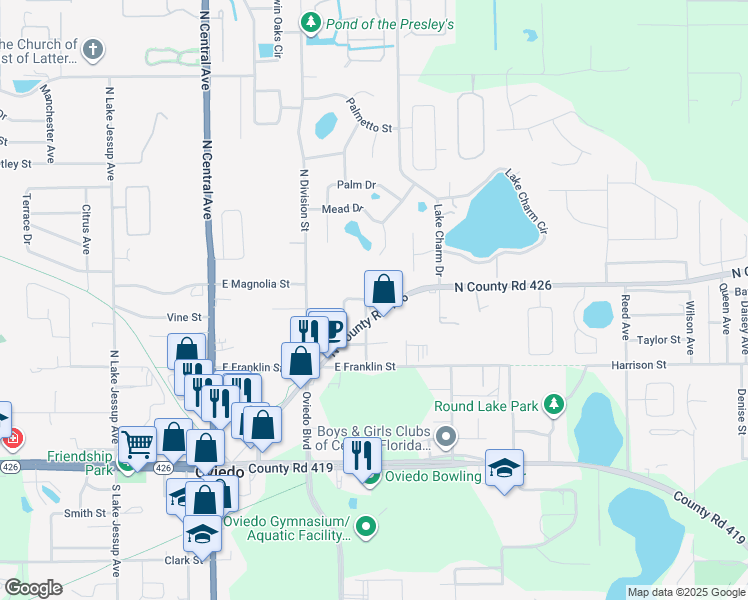 map of restaurants, bars, coffee shops, grocery stores, and more near 425 Geneva Drive in Oviedo