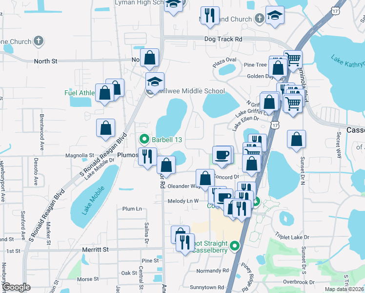 map of restaurants, bars, coffee shops, grocery stores, and more near 115 Savannah Park Loop in Casselberry
