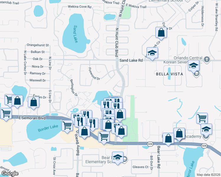 map of restaurants, bars, coffee shops, grocery stores, and more near 3202 Hunter Place in Apopka