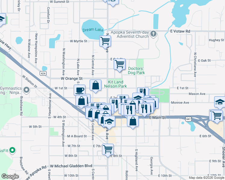 map of restaurants, bars, coffee shops, grocery stores, and more near 10 North Forest Avenue in Apopka