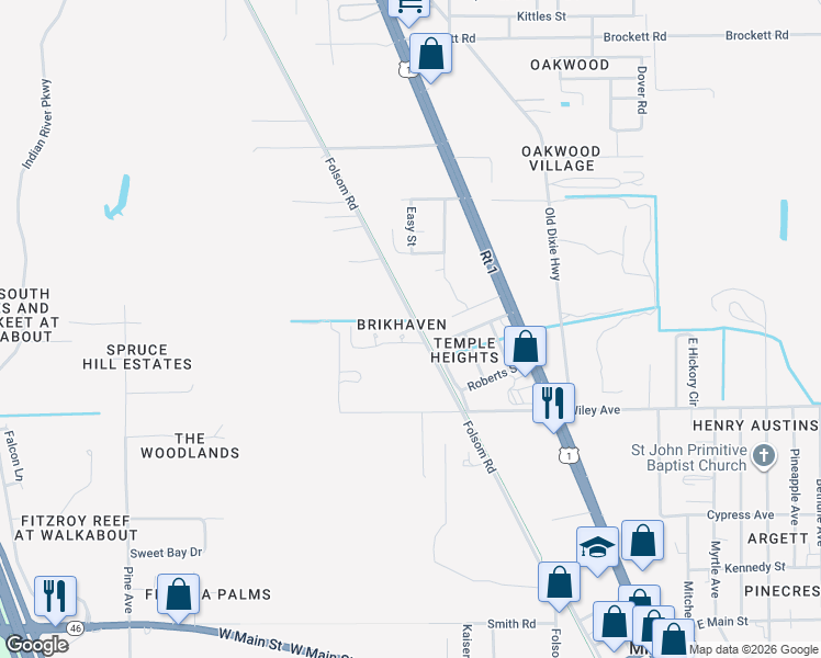 map of restaurants, bars, coffee shops, grocery stores, and more near 2840 Folsom Road in Mims