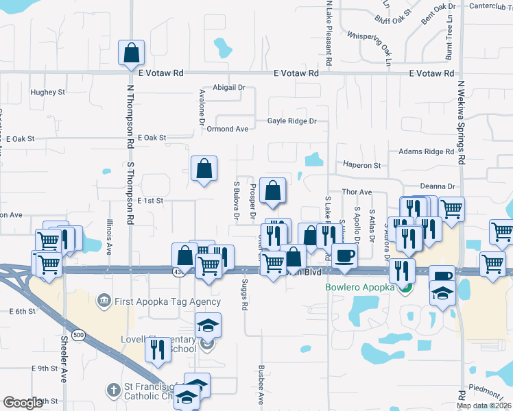 map of restaurants, bars, coffee shops, grocery stores, and more near 34 Prosper Drive in Apopka