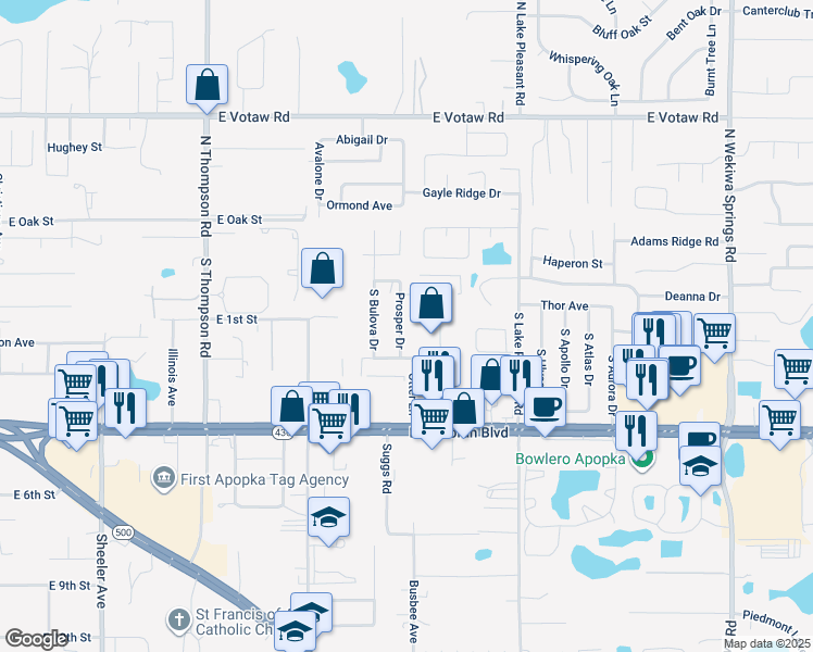 map of restaurants, bars, coffee shops, grocery stores, and more near 101 Prosper Drive in Apopka