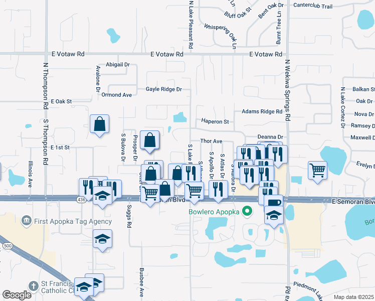 map of restaurants, bars, coffee shops, grocery stores, and more near 1536 Wekiva Crossing Boulevard in Apopka