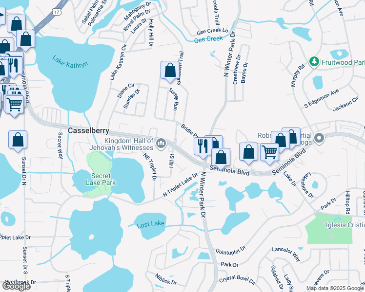 map of restaurants, bars, coffee shops, grocery stores, and more near 357 Vanguard Point in Casselberry