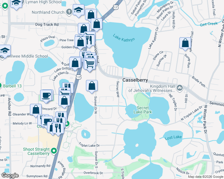 map of restaurants, bars, coffee shops, grocery stores, and more near 361 Hidden Pines Circle in Casselberry