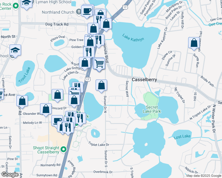 map of restaurants, bars, coffee shops, grocery stores, and more near 201 Sunset Drive North in Sanford