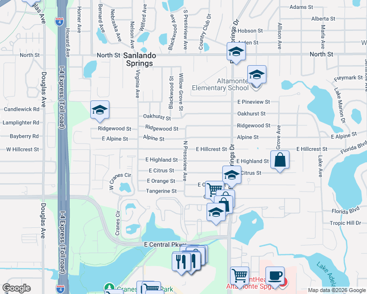 map of restaurants, bars, coffee shops, grocery stores, and more near 1306 North Pressview Avenue in Altamonte Springs