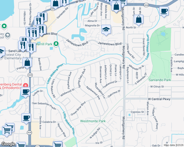 map of restaurants, bars, coffee shops, grocery stores, and more near 641 Peachwood Drive in Altamonte Springs