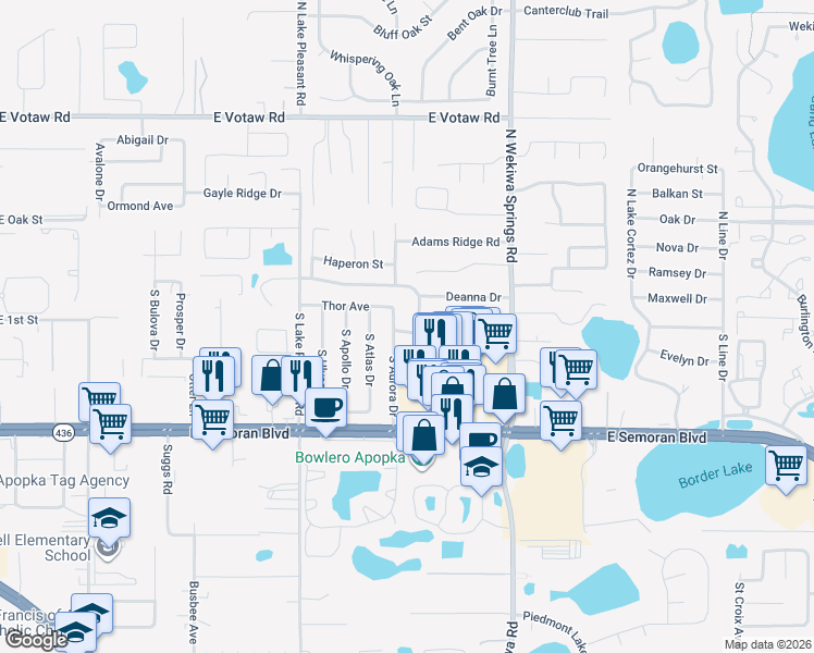 map of restaurants, bars, coffee shops, grocery stores, and more near 9 South Aurora Drive in Apopka