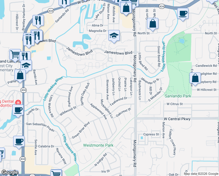 map of restaurants, bars, coffee shops, grocery stores, and more near 623 Riverview Avenue in Altamonte Springs