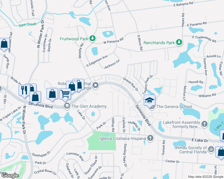 map of restaurants, bars, coffee shops, grocery stores, and more near 1256 Ash Tree Cove in Casselberry