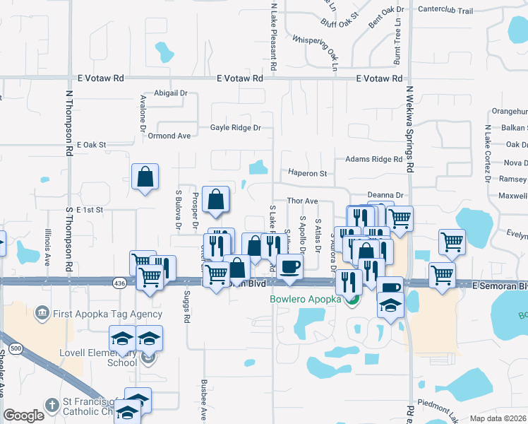 map of restaurants, bars, coffee shops, grocery stores, and more near 30 South Lake Pleasant Road in Apopka