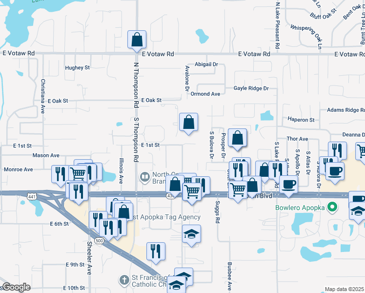 map of restaurants, bars, coffee shops, grocery stores, and more near 81 Roger Williams Road in Apopka