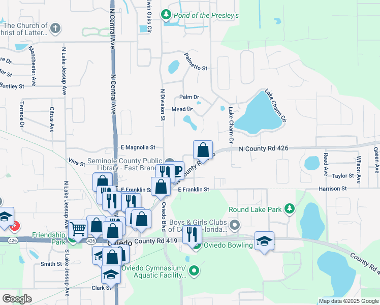 map of restaurants, bars, coffee shops, grocery stores, and more near 450 Godwin Street in Oviedo