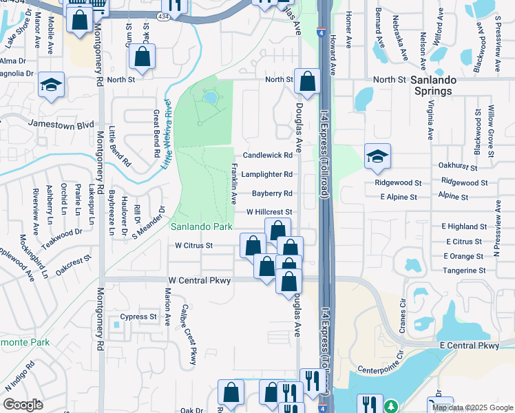 map of restaurants, bars, coffee shops, grocery stores, and more near 108 Bayberry Road in Altamonte Springs
