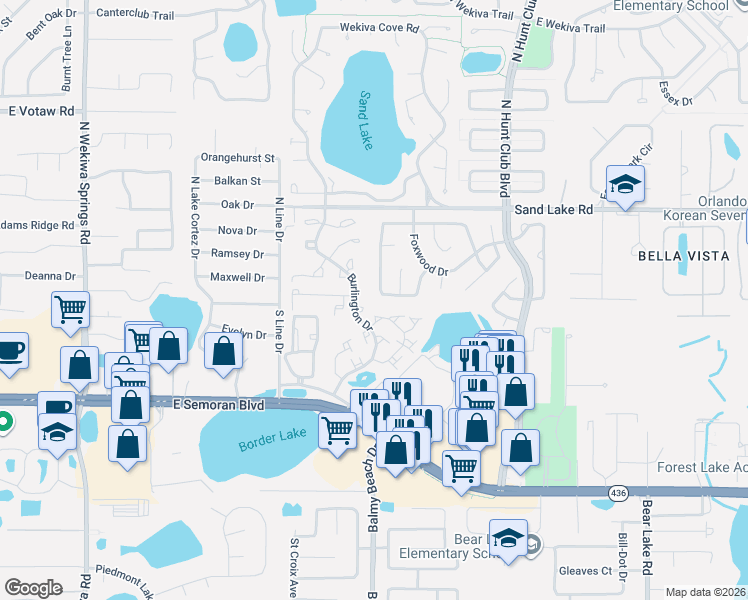 map of restaurants, bars, coffee shops, grocery stores, and more near 2971 Burlington Drive in Apopka