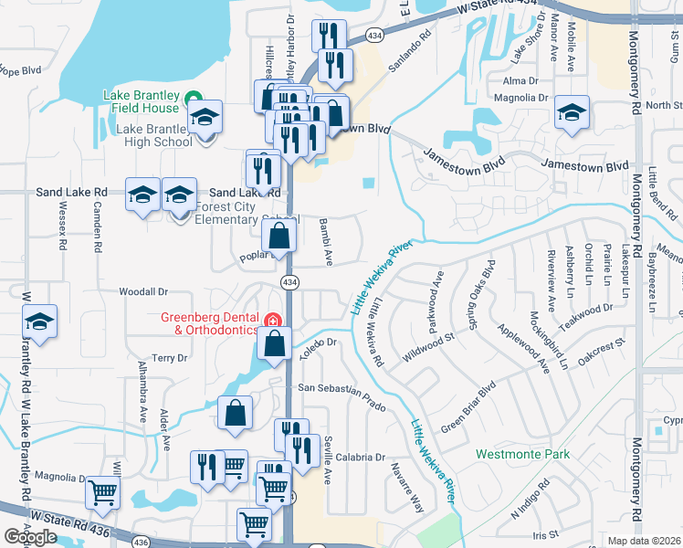 map of restaurants, bars, coffee shops, grocery stores, and more near 806 Little Wekiwa Drive in Altamonte Springs
