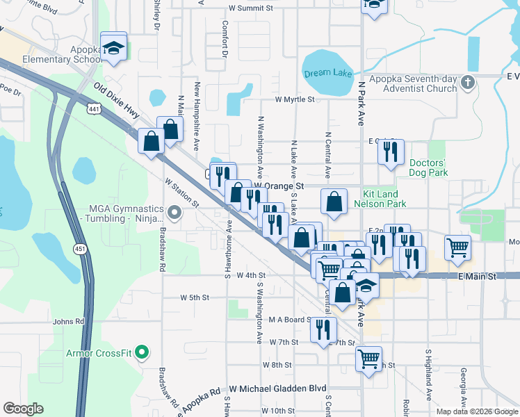map of restaurants, bars, coffee shops, grocery stores, and more near 100 South Washington Avenue in Apopka