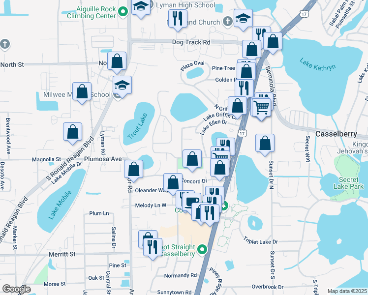 map of restaurants, bars, coffee shops, grocery stores, and more near 202 Hoffman Court in Casselberry