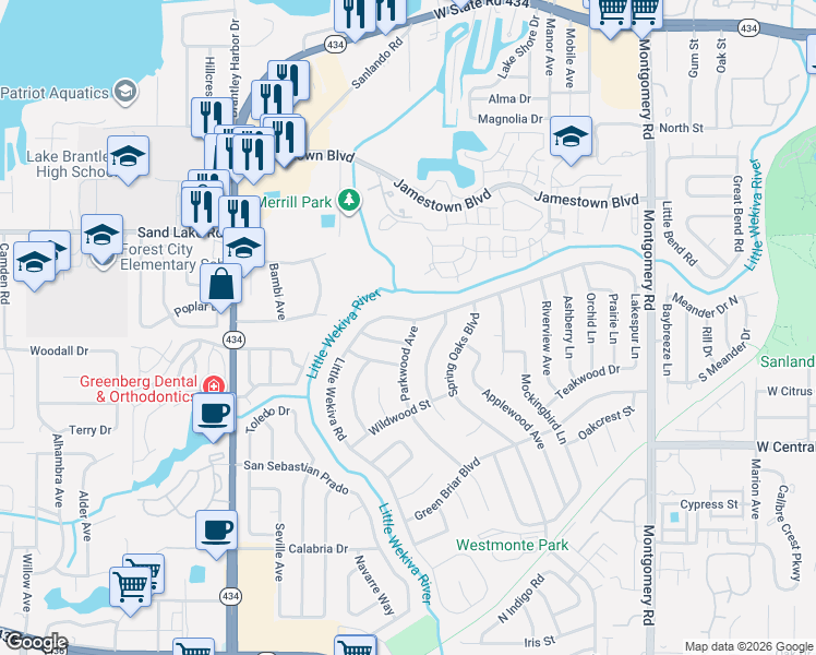 map of restaurants, bars, coffee shops, grocery stores, and more near 616 Little Wekiva Road in Altamonte Springs