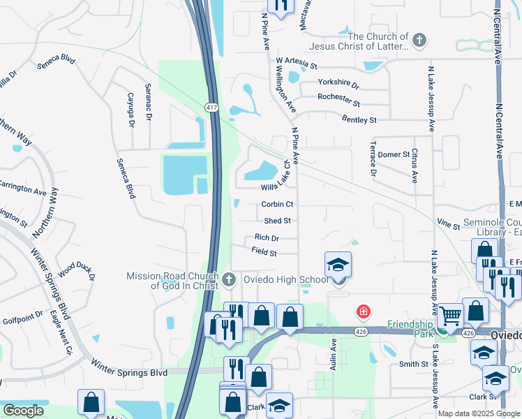 map of restaurants, bars, coffee shops, grocery stores, and more near 1017 Corbin Court in Oviedo