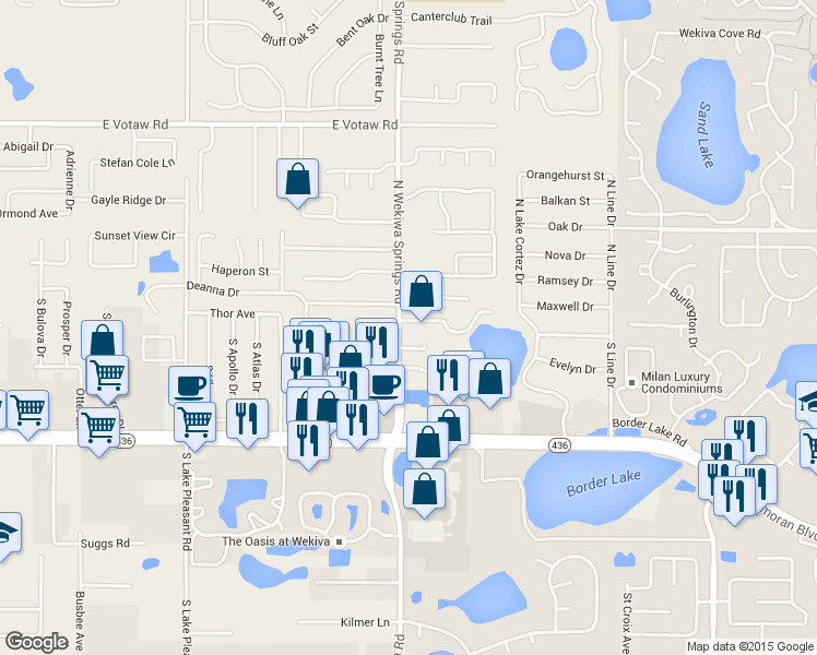 map of restaurants, bars, coffee shops, grocery stores, and more near 2302 Ashington Park Drive in Apopka