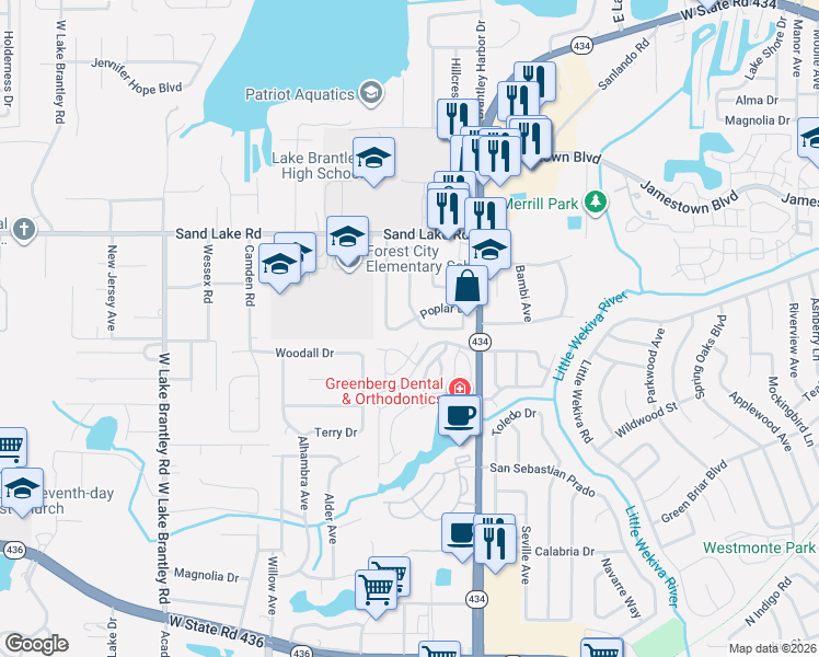 map of restaurants, bars, coffee shops, grocery stores, and more near 922 Poplar Drive in Altamonte Springs