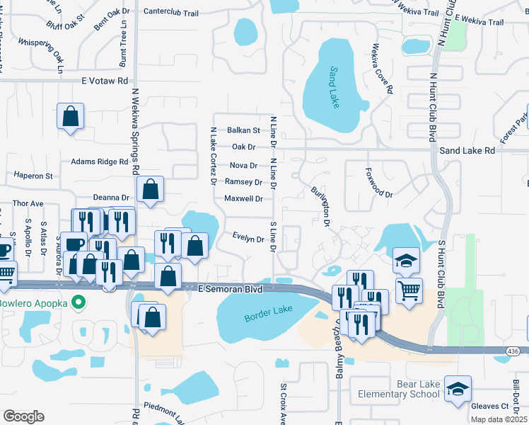 map of restaurants, bars, coffee shops, grocery stores, and more near 2727 Mendelin Street in Apopka