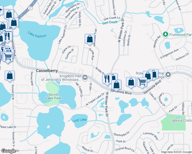 map of restaurants, bars, coffee shops, grocery stores, and more near Vanguard Point in Casselberry