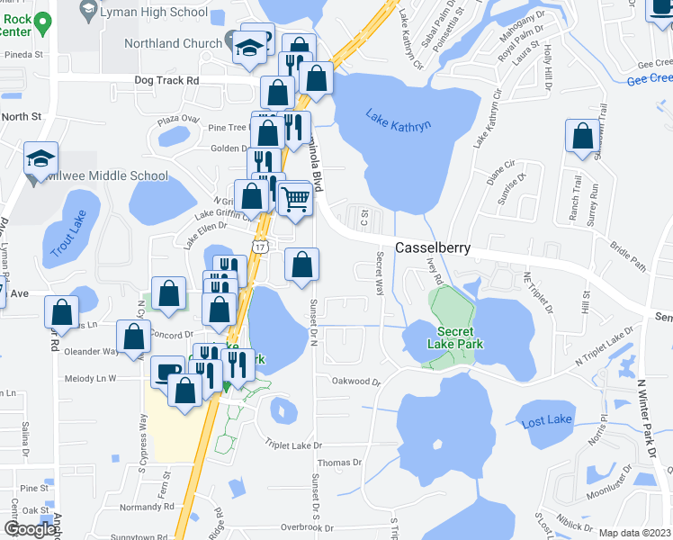map of restaurants, bars, coffee shops, grocery stores, and more near 201 Sunset Drive North in Sanford
