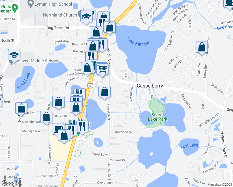 map of restaurants, bars, coffee shops, grocery stores, and more near 201 Sunset Drive North in Casselberry