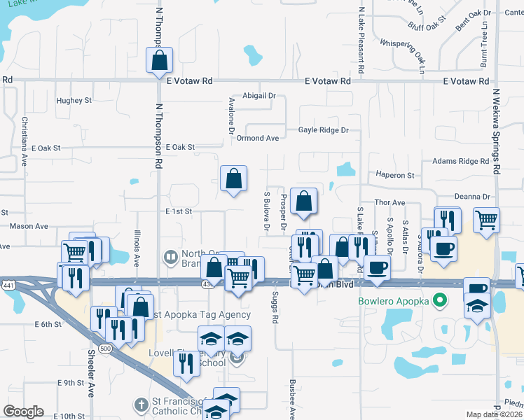 map of restaurants, bars, coffee shops, grocery stores, and more near 36 South Bulova Drive in Apopka