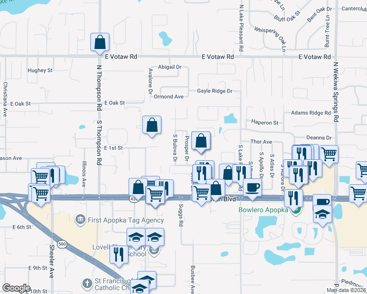 map of restaurants, bars, coffee shops, grocery stores, and more near 34 Prosper Drive in Apopka