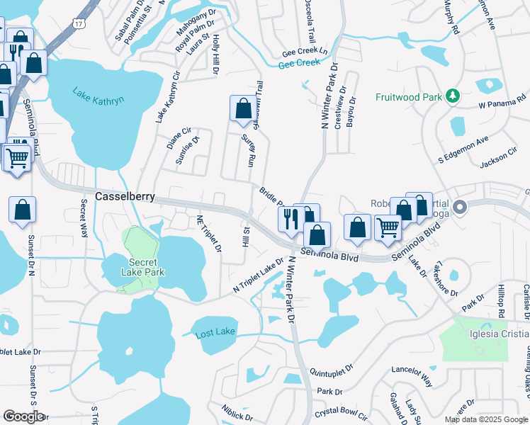 map of restaurants, bars, coffee shops, grocery stores, and more near 357 Vanguard Point in Casselberry