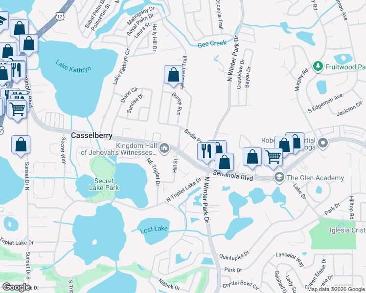 map of restaurants, bars, coffee shops, grocery stores, and more near 338 Vanguard Point in Casselberry