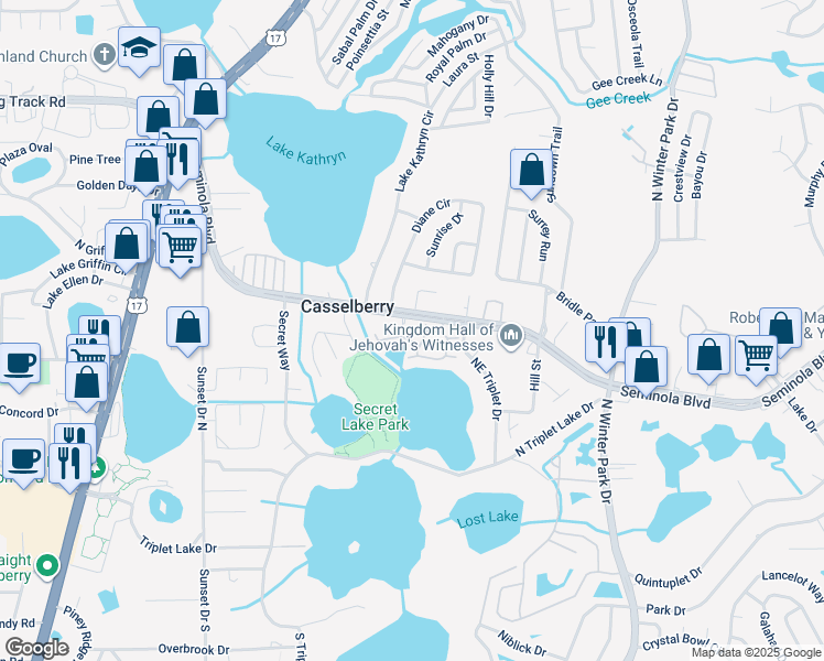 map of restaurants, bars, coffee shops, grocery stores, and more near 202 Soldier Square in Casselberry