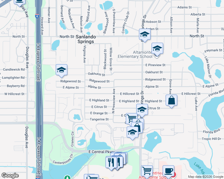 map of restaurants, bars, coffee shops, grocery stores, and more near 1306 North Pressview Avenue in Altamonte Springs