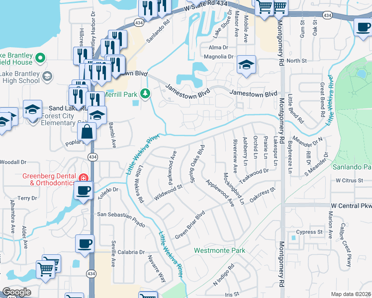 map of restaurants, bars, coffee shops, grocery stores, and more near 610 Little Wekiva Road in Altamonte Springs