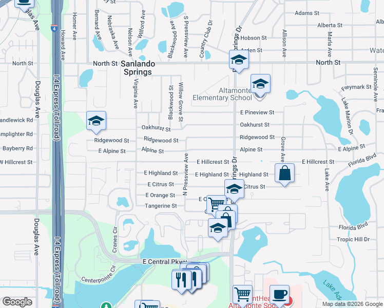 map of restaurants, bars, coffee shops, grocery stores, and more near 1306 North Pressview Avenue in Altamonte Springs