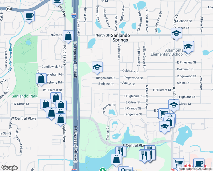 map of restaurants, bars, coffee shops, grocery stores, and more near 234 East Alpine Street in Altamonte Springs