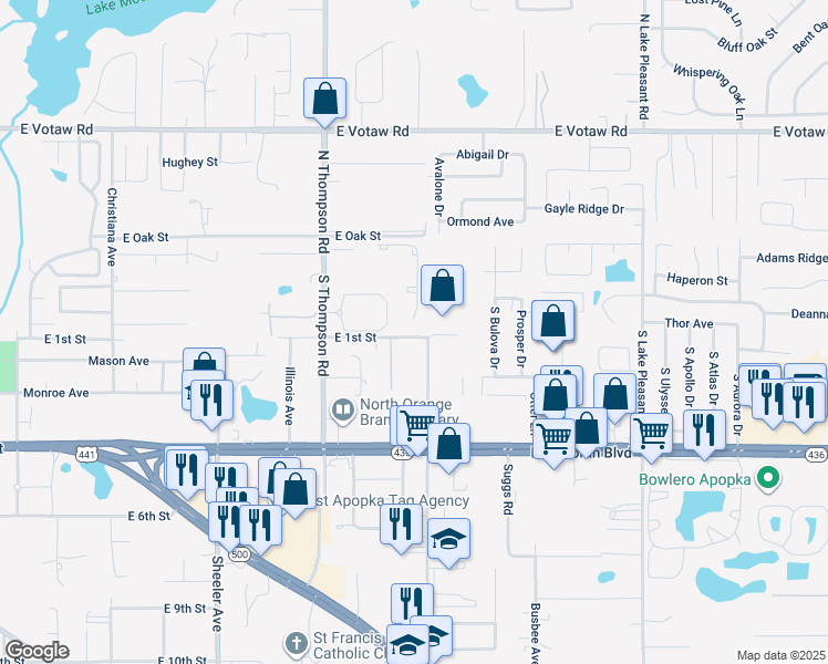 map of restaurants, bars, coffee shops, grocery stores, and more near 81 Roger Williams Road in Apopka