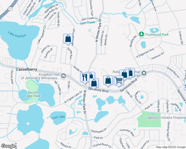 map of restaurants, bars, coffee shops, grocery stores, and more near 1021 Camelia Drive in Casselberry